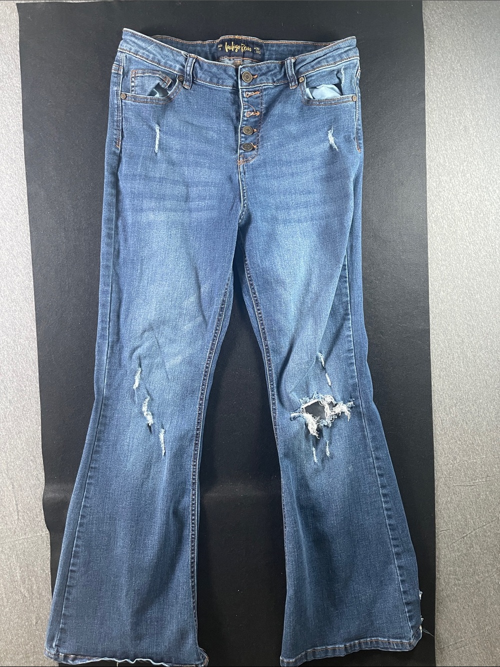 Indigo Rein Medium Blue Distressed Flare Jeans - Women's